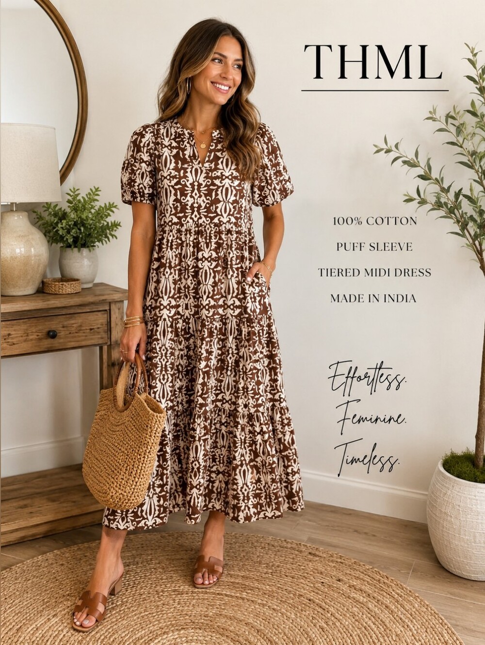 THML Brown Ivory Batik Print Puff Sleeve Cotton Midi Dress S